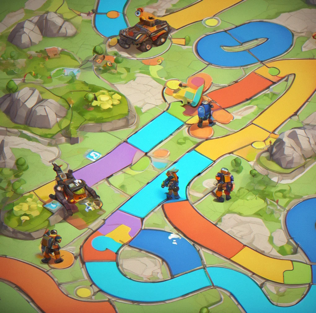 Strategy scenario displaying four distinct colored paths branching from a central point, each representing a viable solution with different mechanics