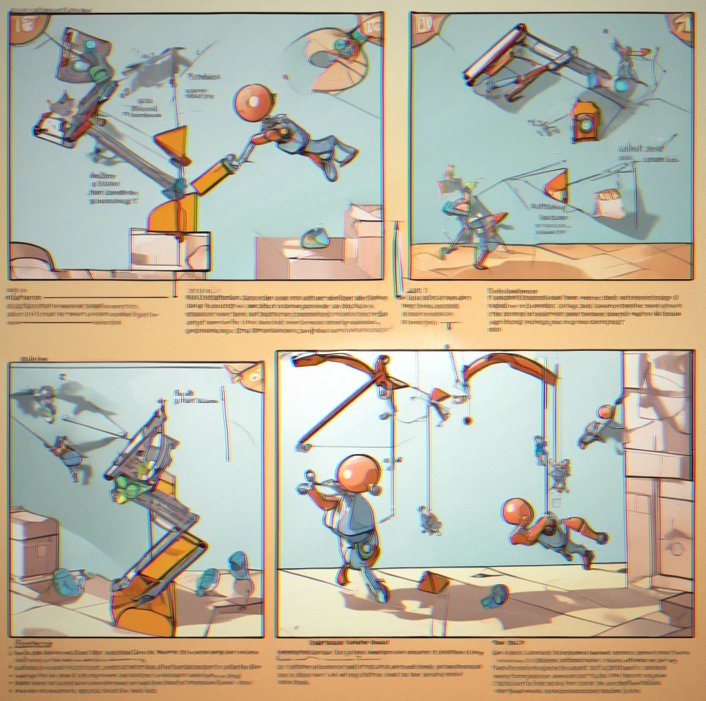 Physics simulation diagram illustrating gravity manipulation mechanic with objects suspended at various angles